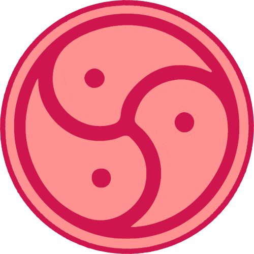 The symbol representing the BDSM and or kink community. The outlines are a darker pink and the rest is a lighter pink, the symbol resembles a yin and yang like structure with three sections instead of two.